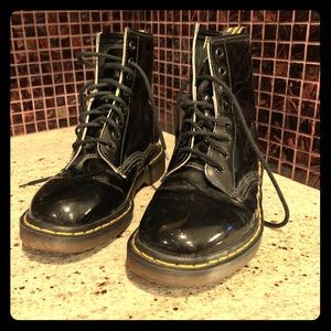 Dr. Marten lace up boots, black patent leather